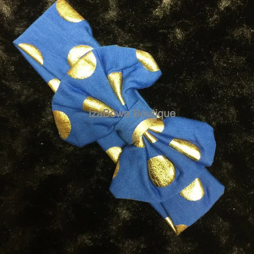 Royal Blue & Gold Dot Bow Tie Cotton Headband HB1001 Handmade NWT Boutique